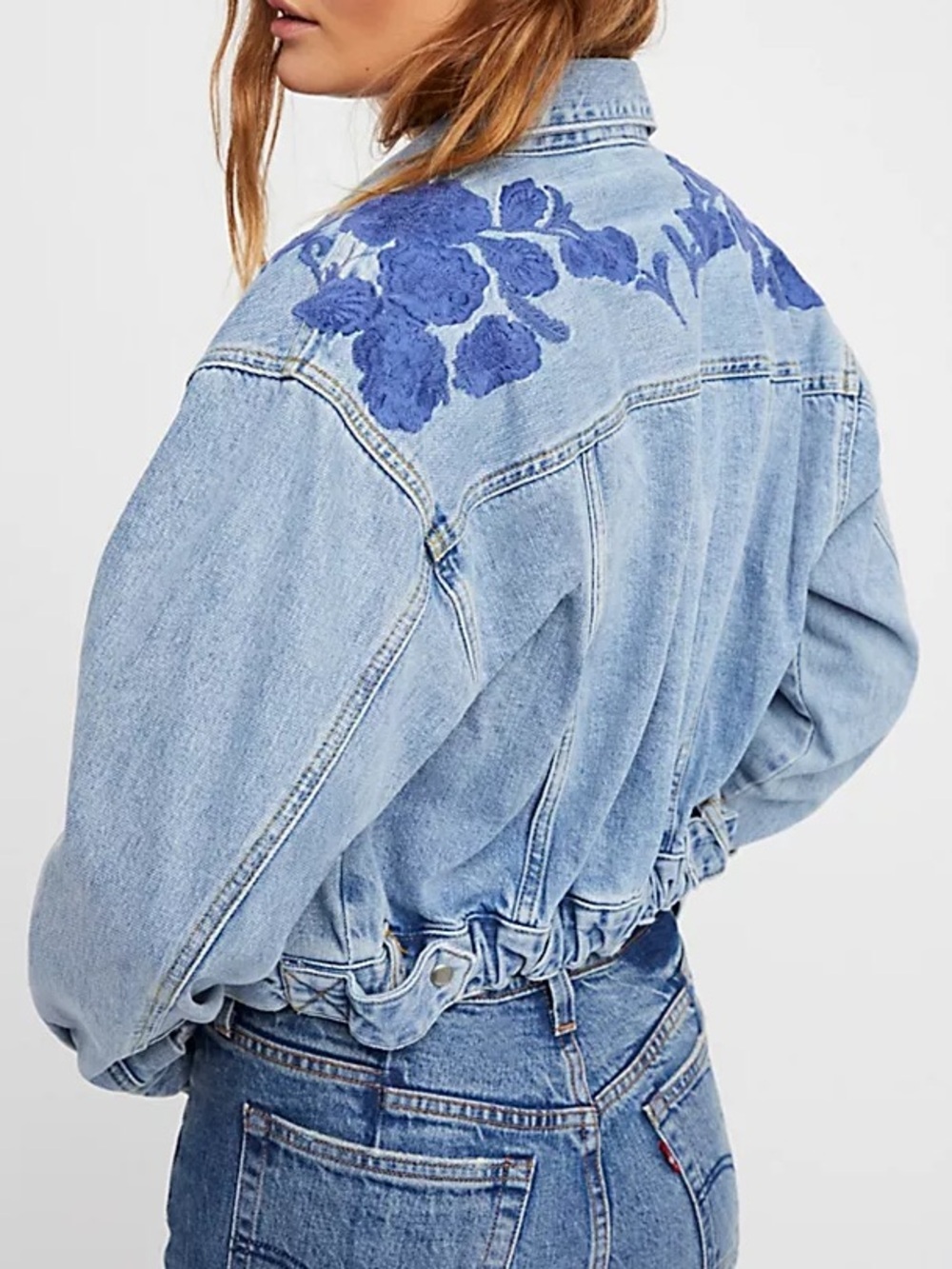 Free People Cinched Back Crop Denim Jean Jacket Embroidered Floral Small FLAW